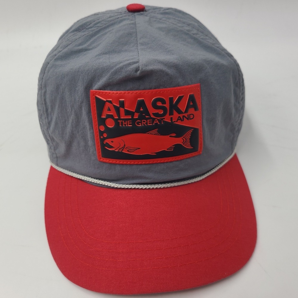 Vintage Alaska Hat‎ Adjustable Rope Nylon The Great Land Fish Gray Red Outdoors